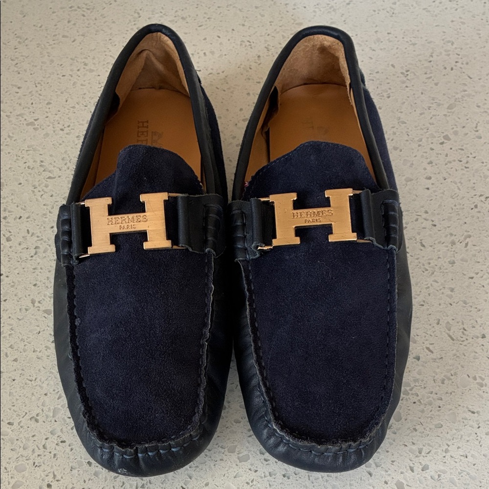 Hermes Navy and Black Loafers with Gold Accent